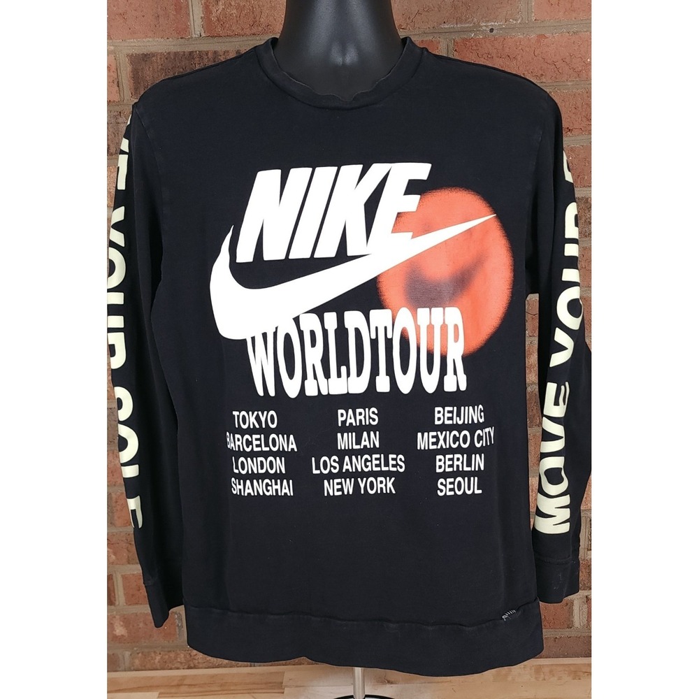 Nike Mens Size Large World Tour Black Long Sleeve T Shirt Glow In Dark Sleeves